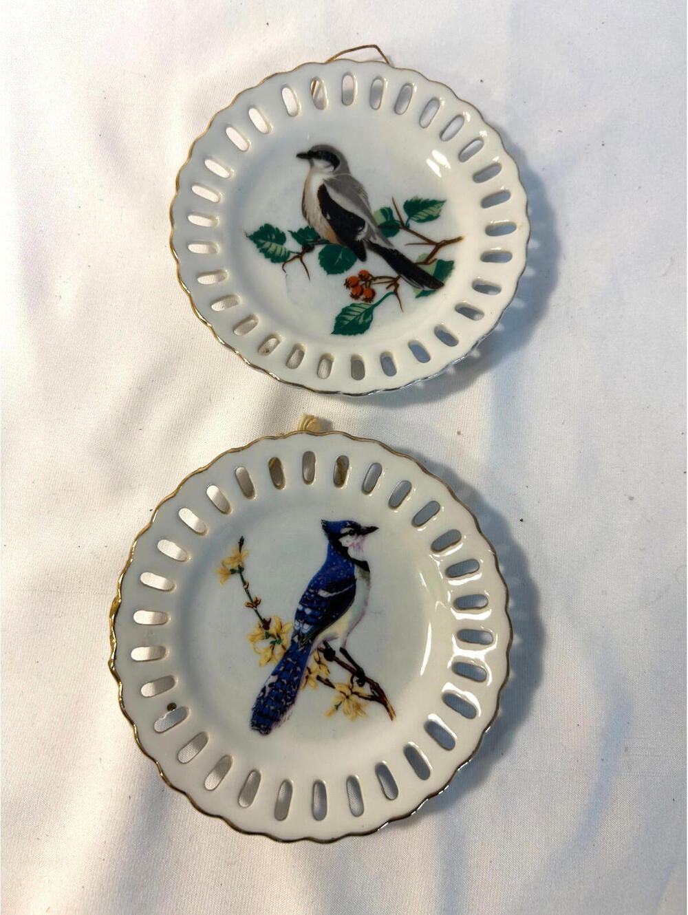 Pair of Vintage Pierced Rim Japanese Saucers with Hand Decorated Bird Motifs